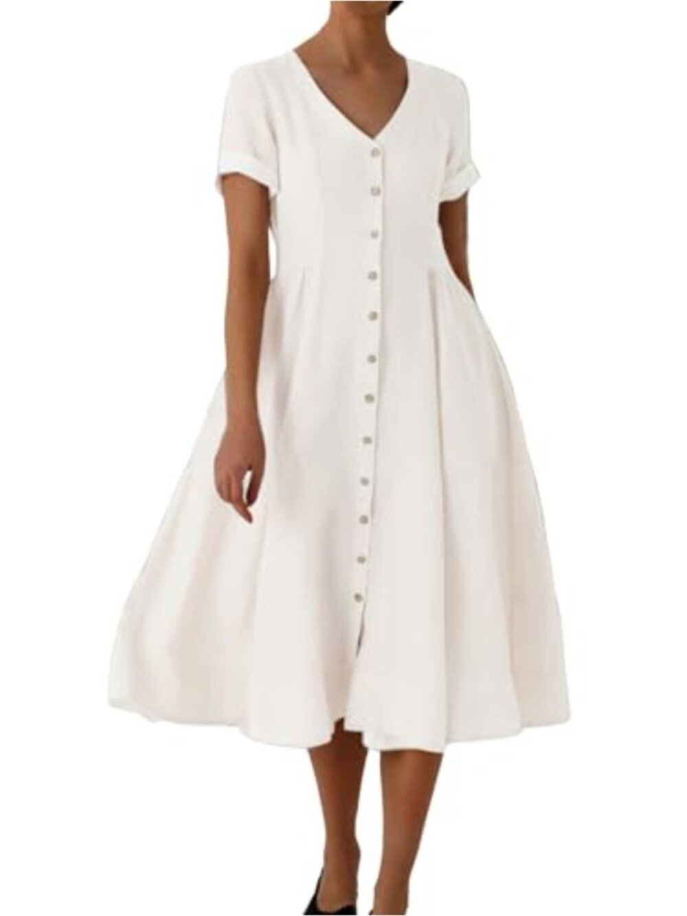 Women's Fit and Flare Cotton Swing Dress V-Neck Button Down Midi